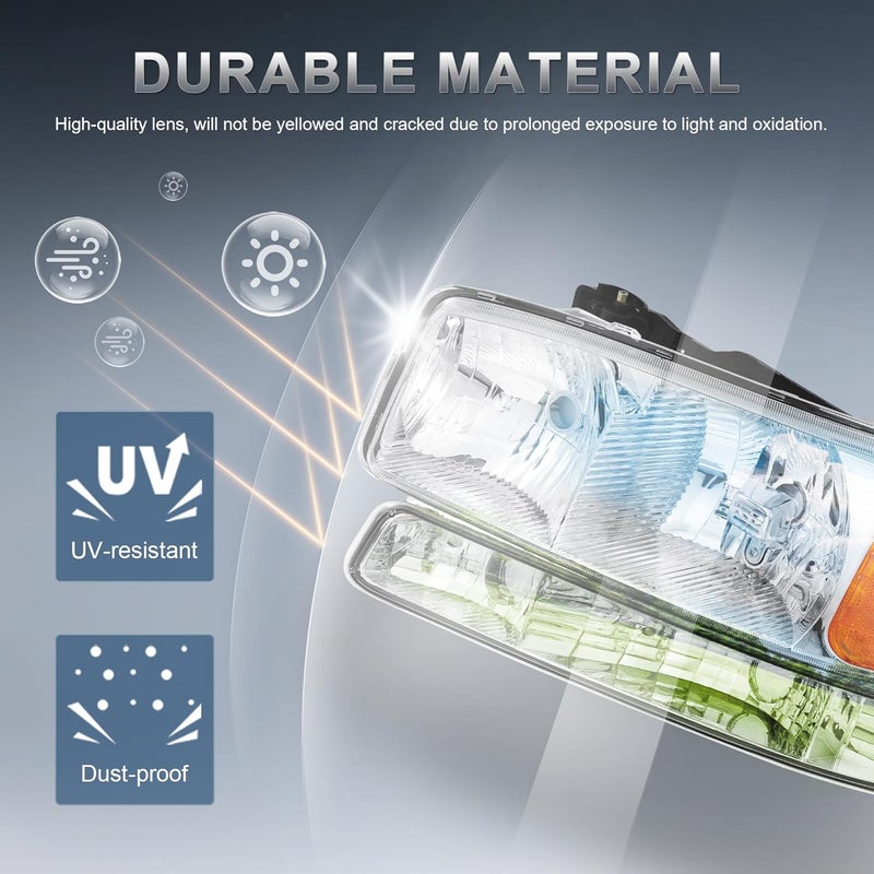 KUIPERAUTO Headlight Assembly Front Lamp Compatible with 1999-2006 GMC Sierra 1500 2500, 2000-2006 GMC Yukon Headlamp w/Bulb Chrome Housing/Clear Lens/Amber Corner - Image 3